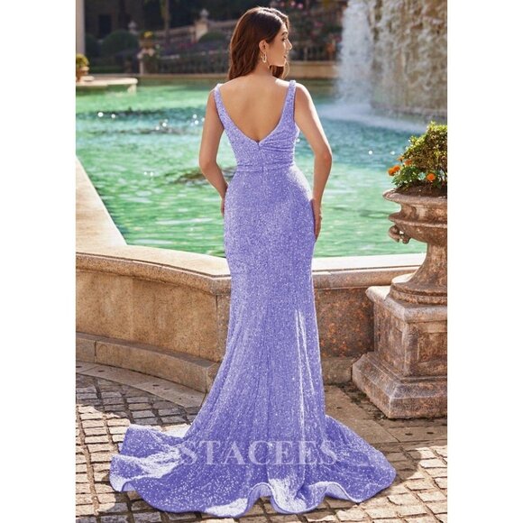 NWT Stacees Dress Women’s 12 Velvet Sequin V-Neck Trumpet/Mermaid Sweep Train - Picture 2 of 11